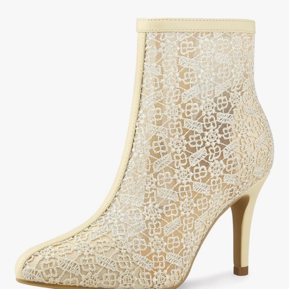 Allegra K Cream Ankle Booties with Lace Overlay